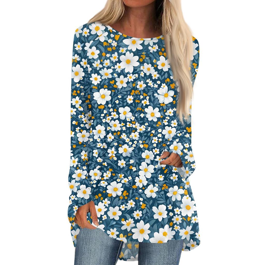 Women's Fashion Casual Long Sleeve Print Round Neck Pullover Top Blouse