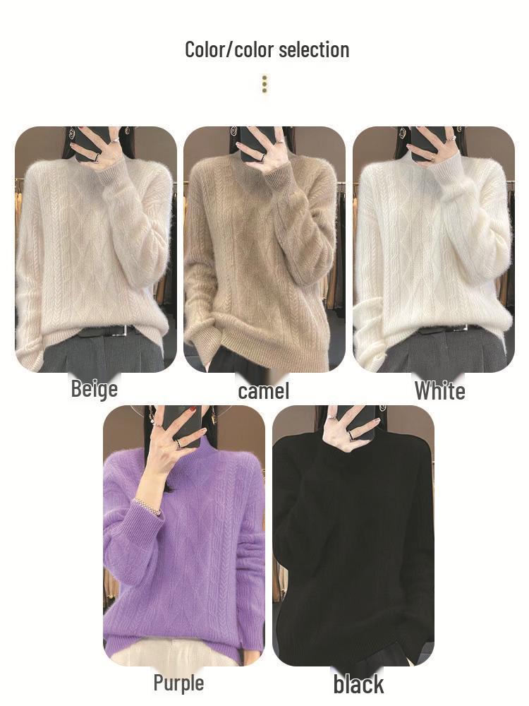 Women's Half-High Collar Cable Knit Wool Sweater - Long Sleeve, Loose Fit, Versatile, Thickened for Autumn and Winter.