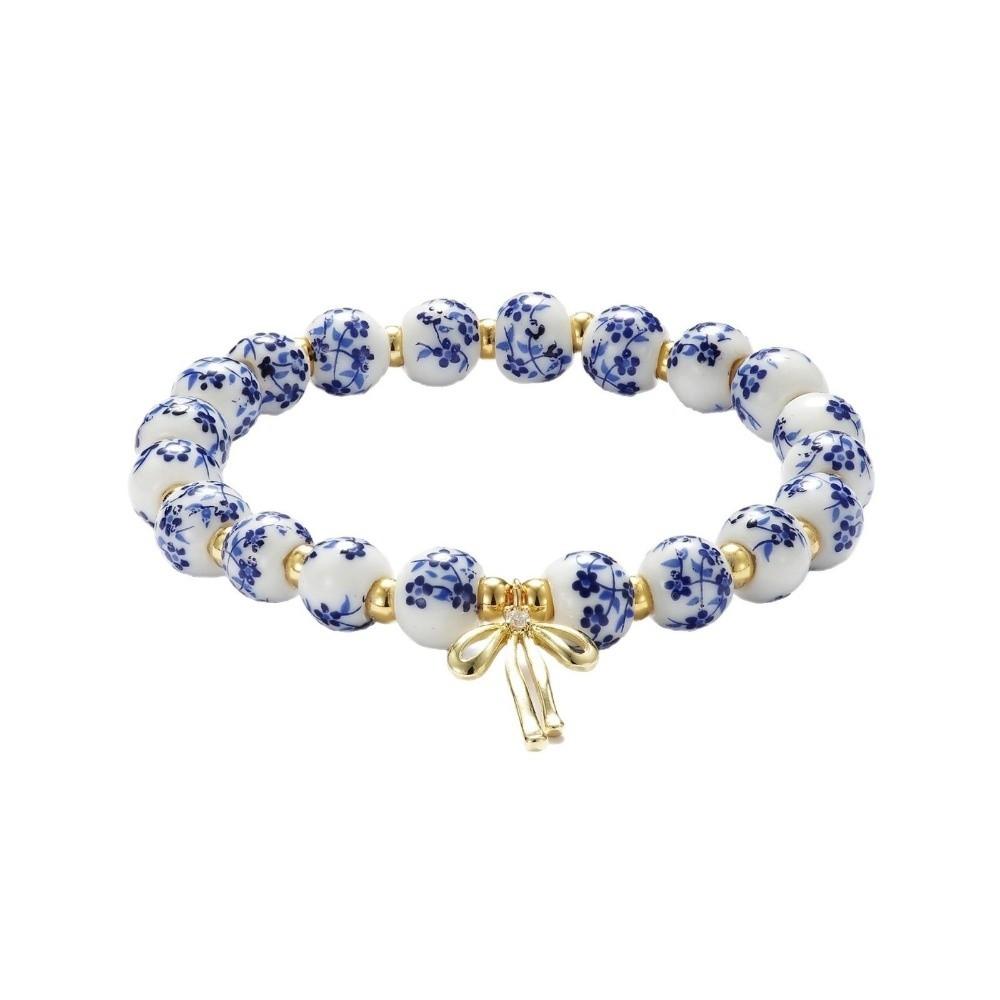 Chinese Style Blue and White Porcelain Bracelet Vintage Elastic Ceramic Bracelet Versatile Pretty Women's Bracelet Birthday Gift