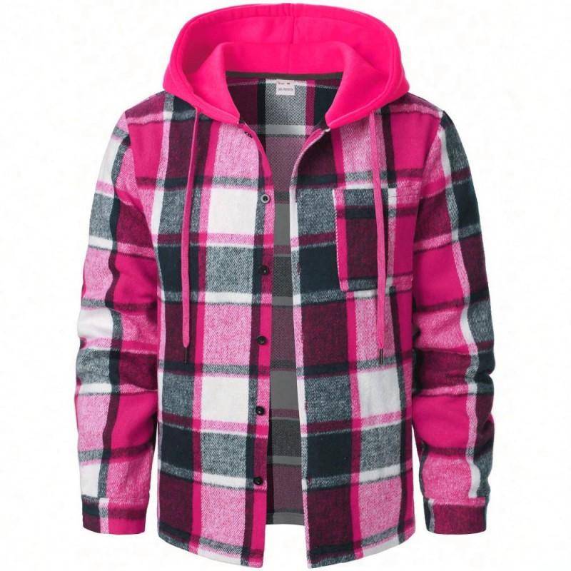 Mens Warm Hooded Plaid Shirt Loose Fit Casual American Style Jacket