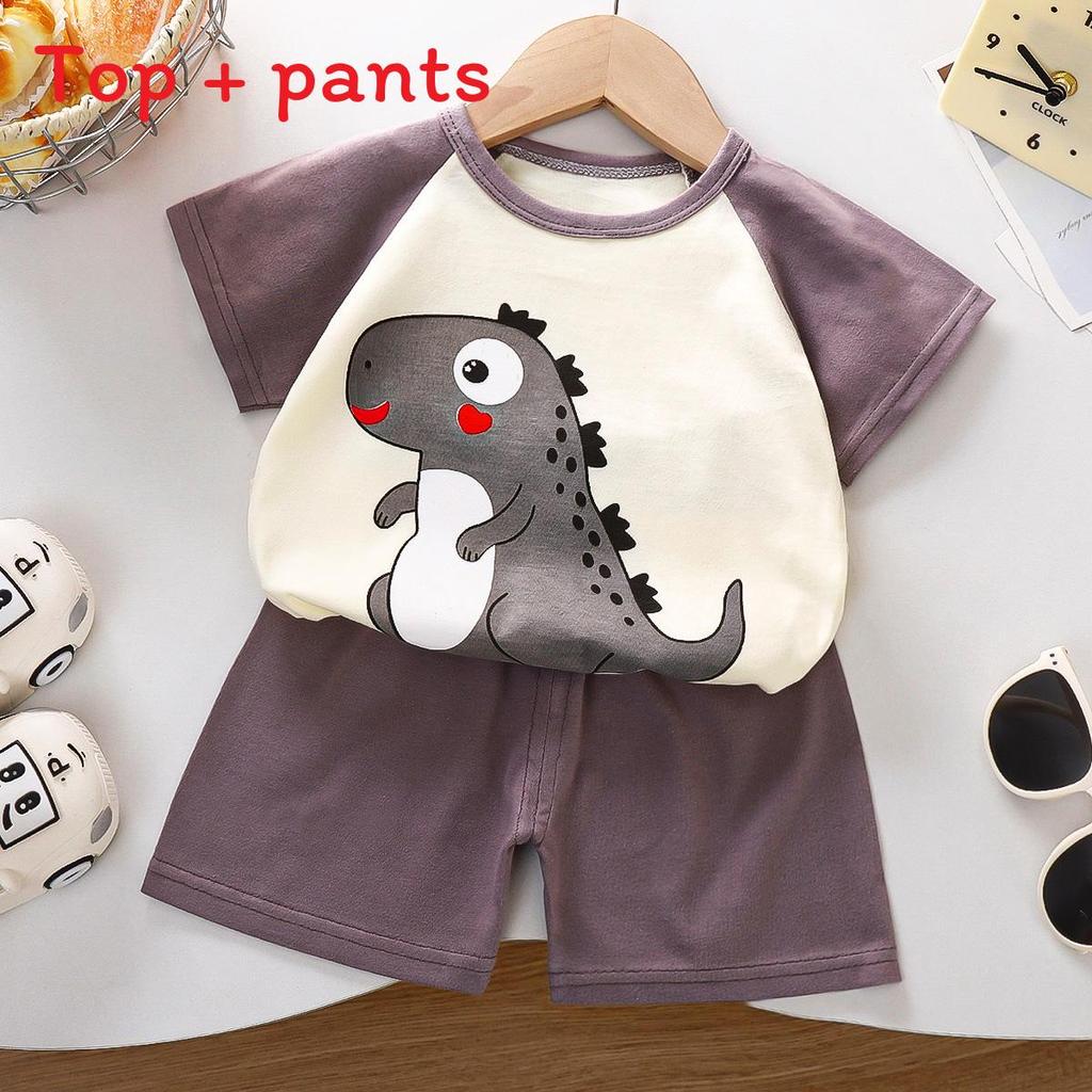 Kids Short Sleeve Cotton Set With Cartoon Pattern For Summer Play