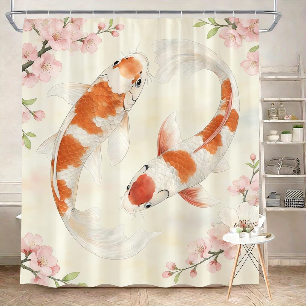 Luxury Golden Koi Fish with Cherry Blossoms Waterproof Shower Curtain for Feng Shui Bathroom Decor