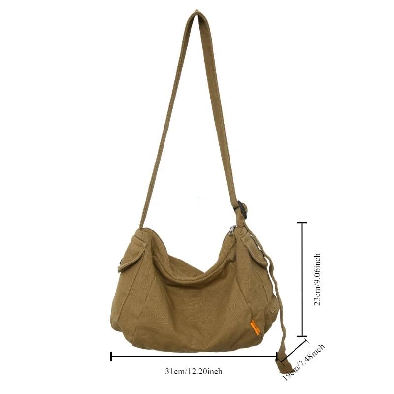 Female Canvas Fabric Hobo Soft Slouchy Shoulder Bag Y2K Student Leisure Medium Size School Book Laptop Pouch Messenger Side Bag