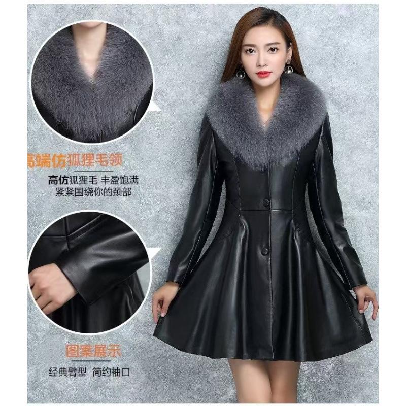 Big Fur Collar Autumn and Winter Leather Jacket Women's Fleece Thickened Long 20 New Slim and Thin Waist Jacket