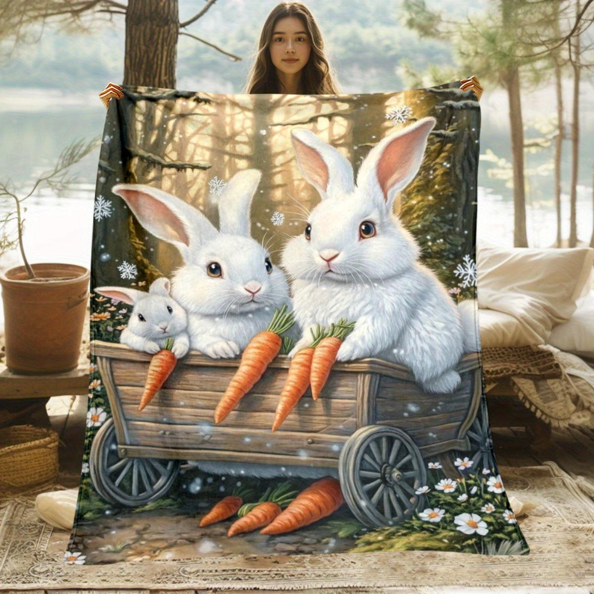 

Cute White Rabbits Carrots Wood Cart Forest Snowflakes Fleece Blanket Soft Warm Animal Print Throw Cover Home Decor Gift Idea 75x100cm