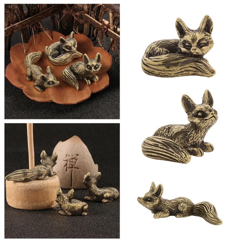 Metal Foxes Sculpture Antique Animal Miniature Statue Desk Ornament for Study Office Home Decoration Cultural Gift