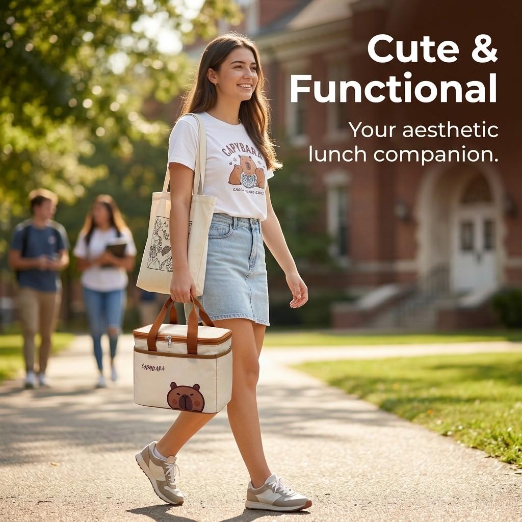 Picnic Thermal Lunch Bag With Handle Cute Cartoon Portable Insulated Bento Box Bag For Students Kids Large Cpacity Cooler Bag