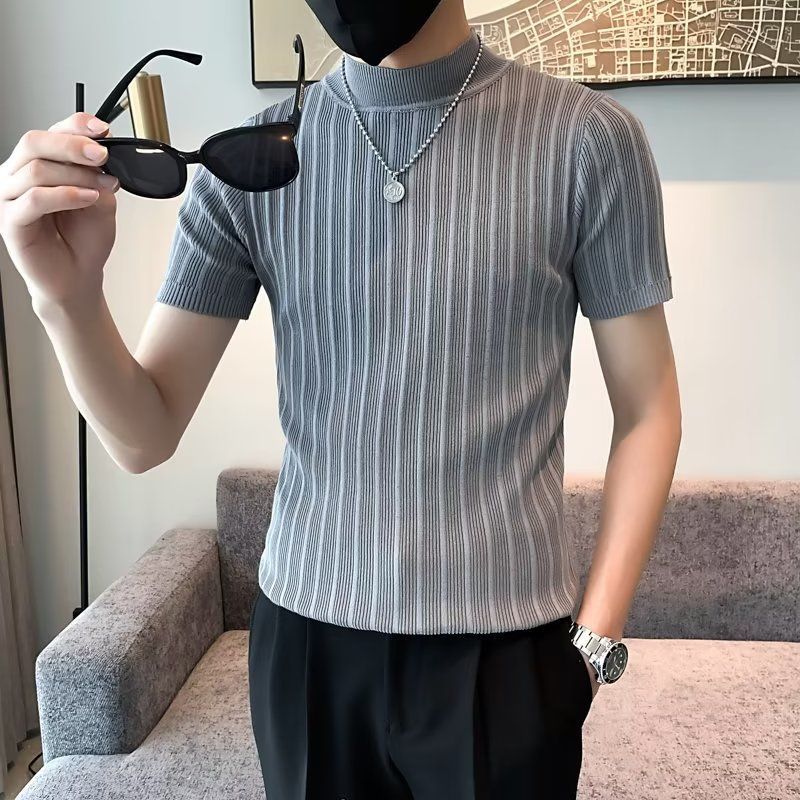 

Korean Half High Collar Pullovers Summer Solid Color All-match Men s Clothing Slim Short Sleeve Stylish Casual Knitted T-shirts L серый