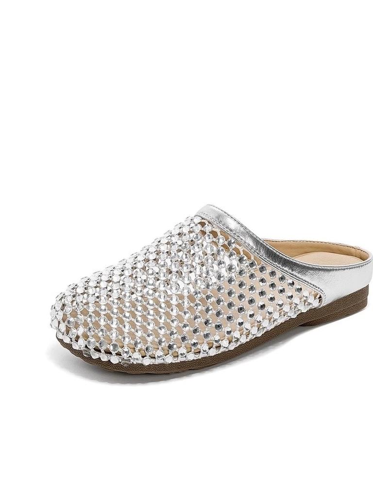 Baotou rhinestone slippers women's 2025 new fashion summer super fire hollow outer wear versatile casual non-slip Baotou slippers