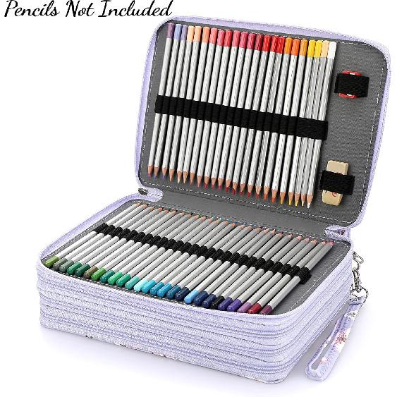 BTSKY Colored Pencil Case- 200 Slots Pencil Holder Pen Bag Large Capacity Pencil Organizer with Handle Strap Handy Colored Pencil Box with Printing