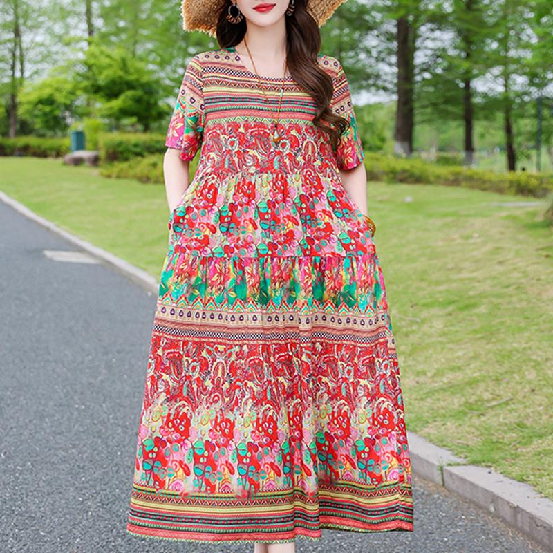 Elegant Women's Summer Dress Loose Short Sleeve Plus Size Casual Long Dresses Vintage Clothes