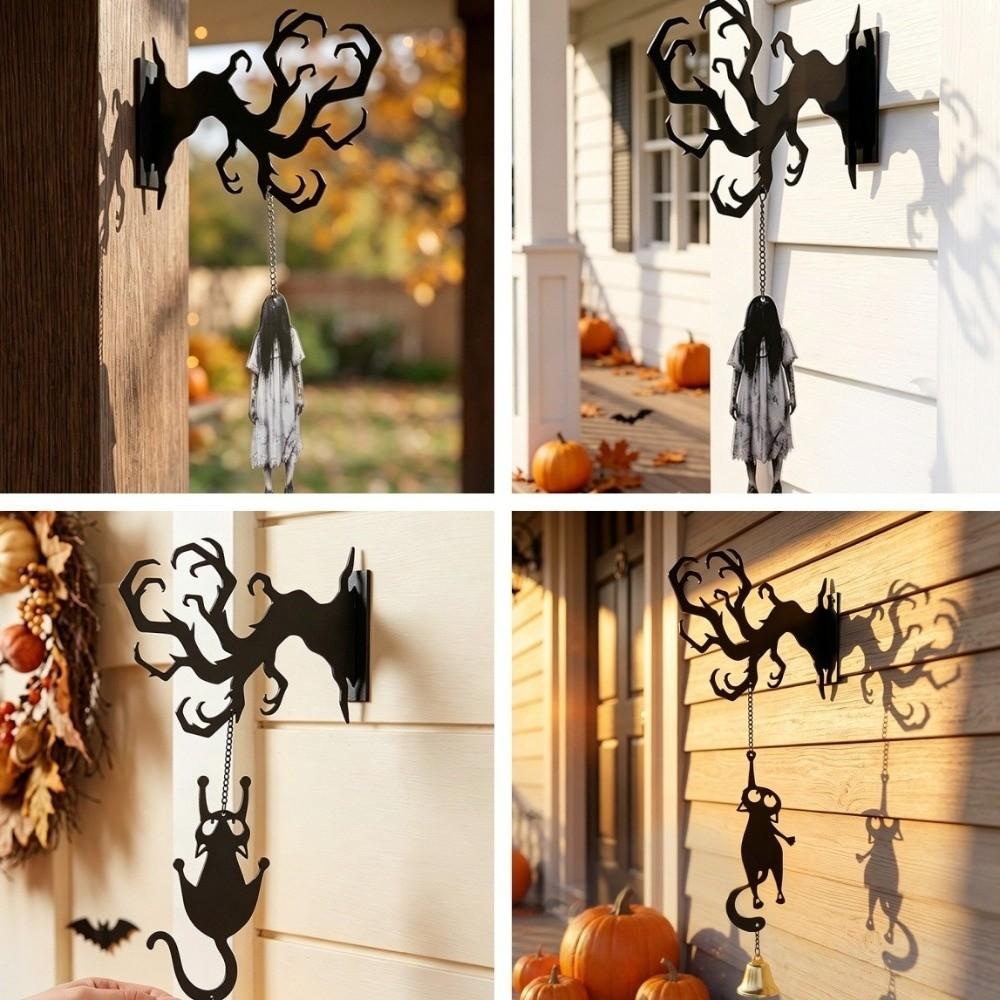 Wall-mounted Halloween Welcome Sign Spooky Ghost Outdoor Ornament Black Cat Wall Decor  Entryway