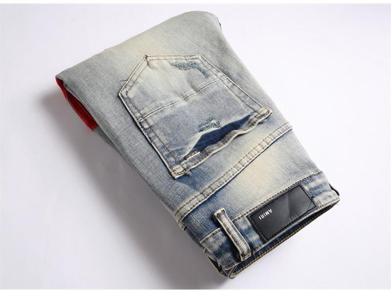 AM Jeans europeni retro pentru bărbați, ușor rupți, slim-fit, elastici 3835