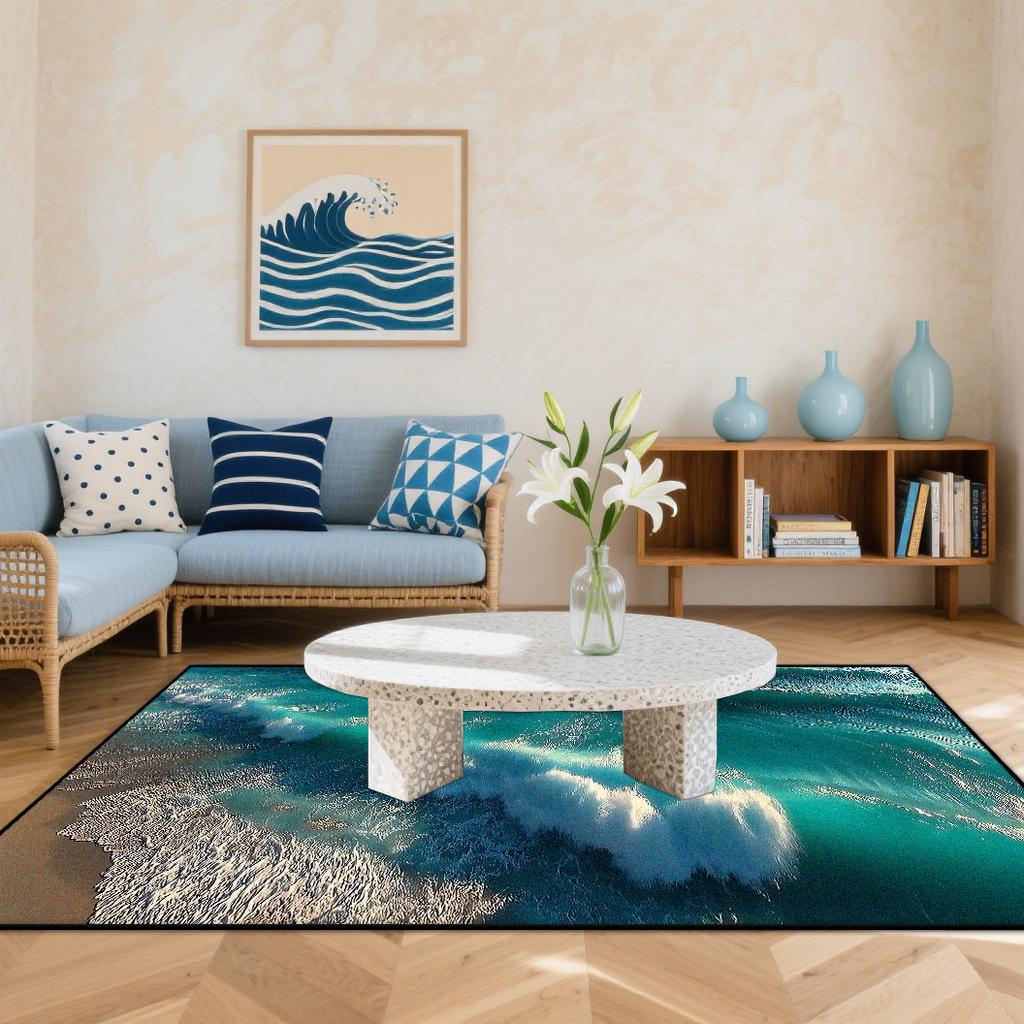 3D Küstenstrandwellen Teppiche Wohnzimmer Cartoon Dekoration Zuhause Großer Teppich Sofabereich Teppich Schlafzimmer Lounge Bodenmatte Waschbar