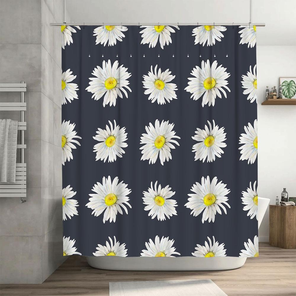 Floral Print Shower Curtains Decorative Bathroom Waterproof Fabric White Daisy Pattern for Home Decoration Custom Size Available