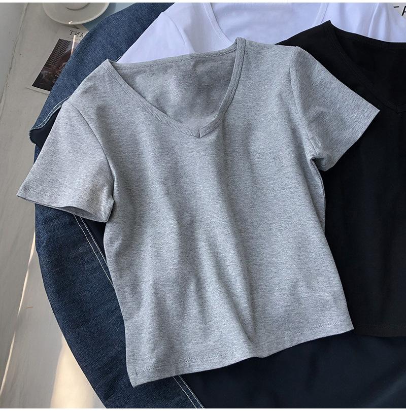 ins Skinny Short Sleeve V-Neck Solid Color Short T-Shirt Women's Summer Skinny High Waist Button Top Women