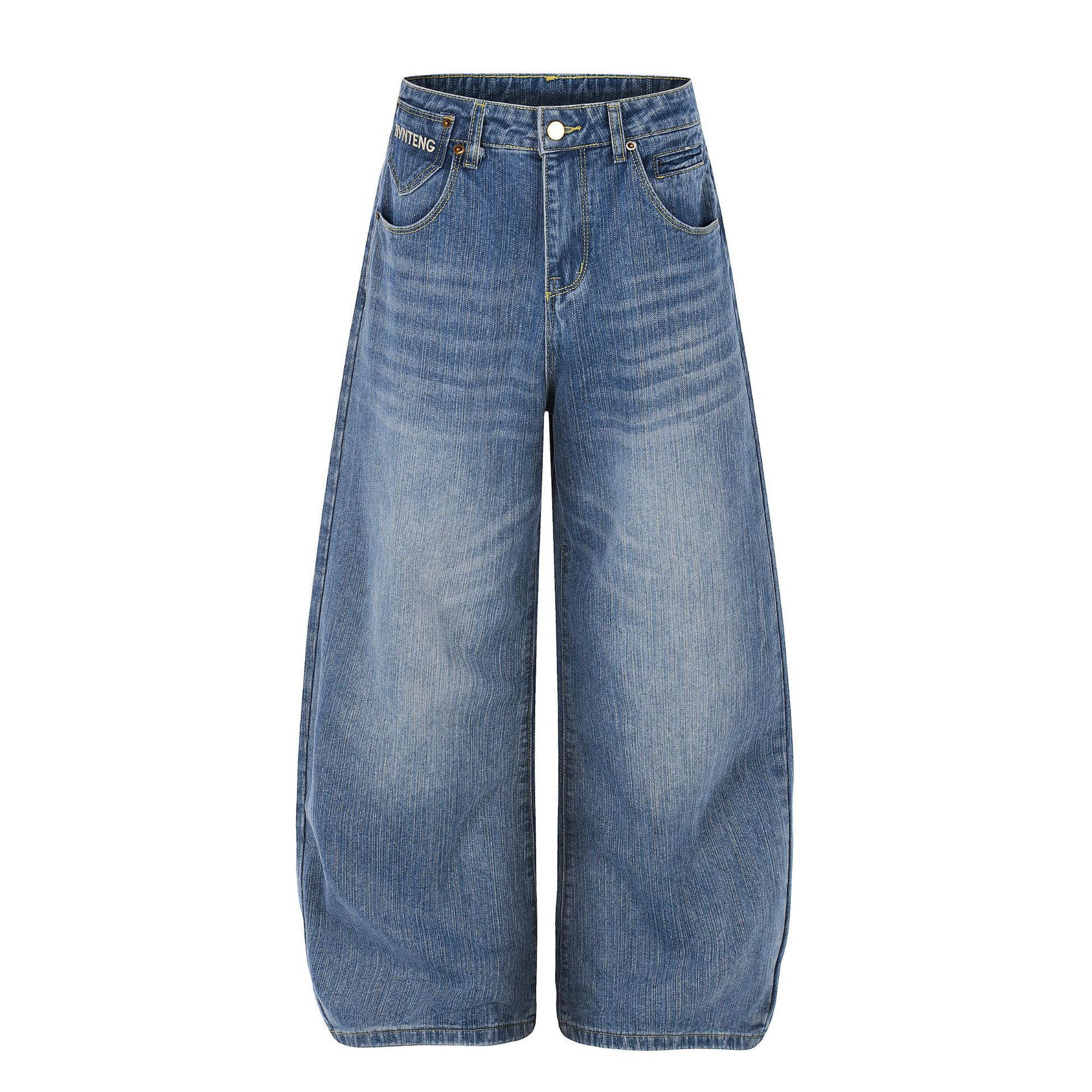 European and American trendy brand high street American scimitar jeans pocket embroidery loose wide-leg trousers men S
