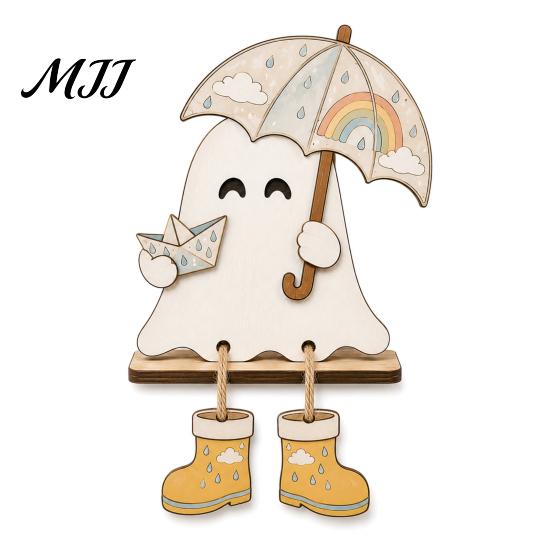 Wooden Ghost Figurines for Fall Harvest Festival Ornament Autumn Home Desktop Decoration, Cute Atmosphere Accessories Halloween Tabletop Figurine with