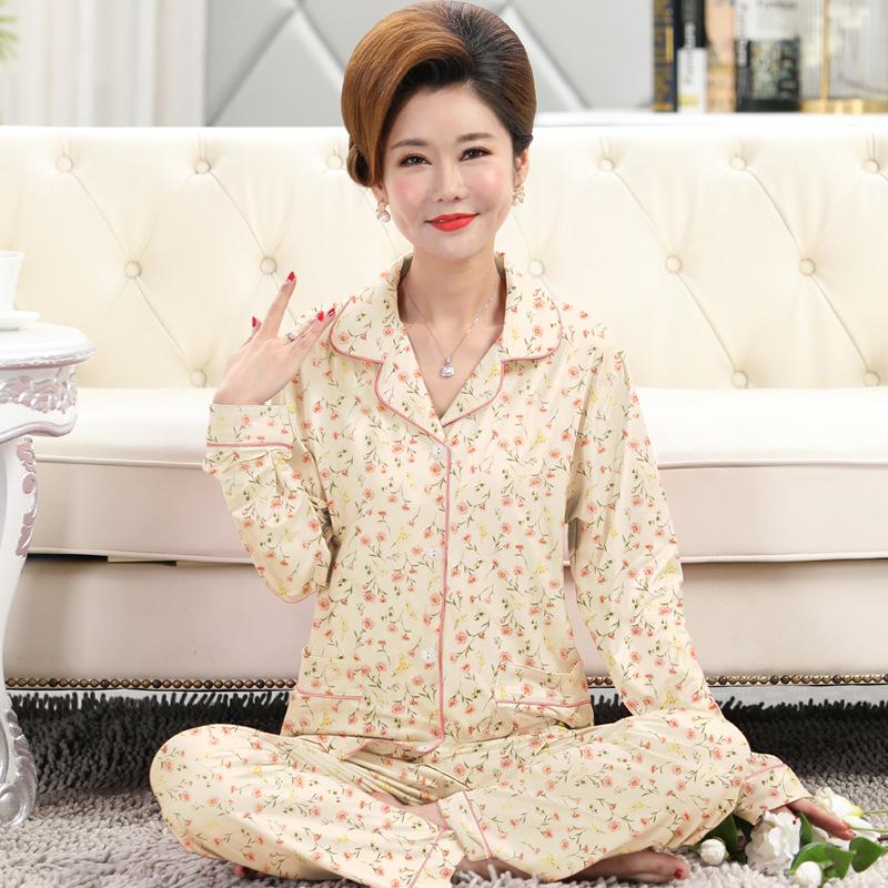 Frühlings- und Herbstpyjama Damen Imitationsbaumwolle langärmelig dünn hochwertig reiche Blume Mutter Loungewear-Set