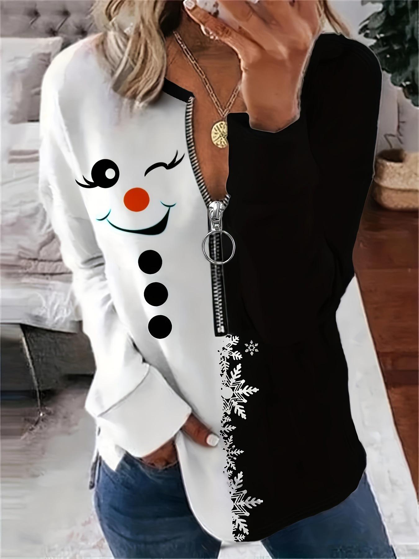 

Рождественская толстовка-футболка с принтом снеговика для полных, с V-образным вырезом и молнией - 100% полиэстер, вязаное полотно 4XL