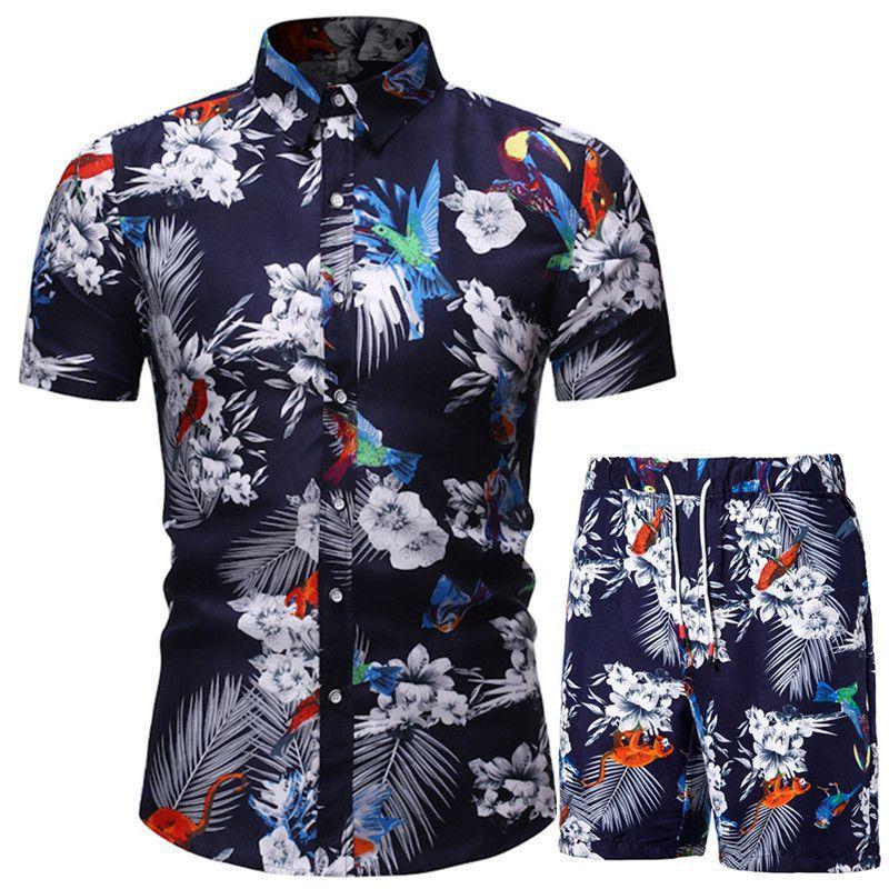 Hawaiian Beach Flower Shirt Short Sleeve Men's Large Size Shirt Shorts Printed Two-piece Suit