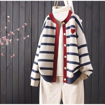 Women Autumn And Winter Stripes Color Matching Button Round Neck Knitted Cardigan Women Long-sleeved Sweater All-match