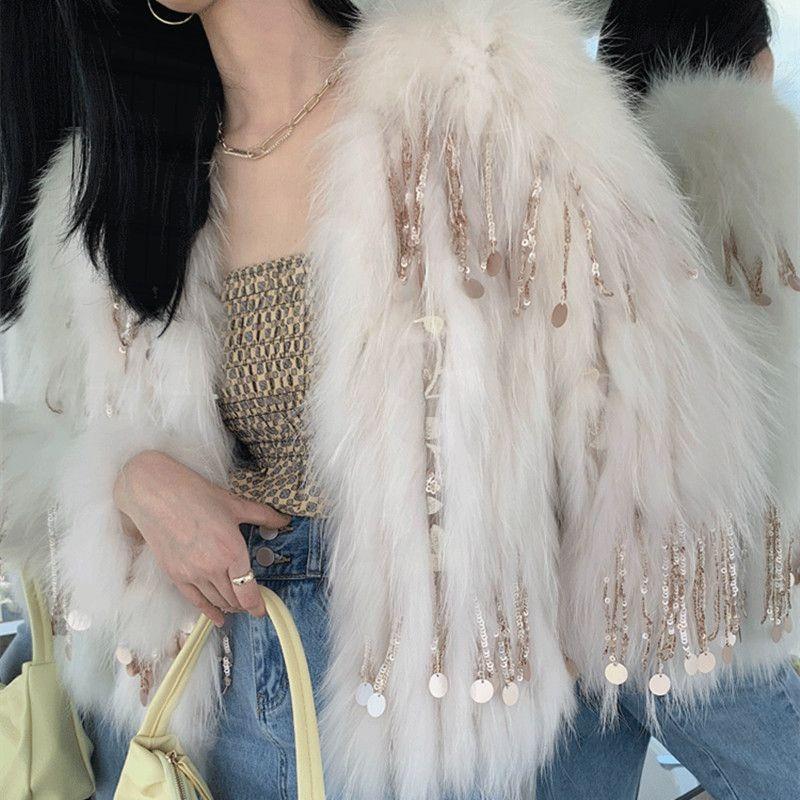 Cappotto rosa in finta pelliccia da donna con scollo a V, paillettes e frange, giacca corta, capospalla invernale soffice