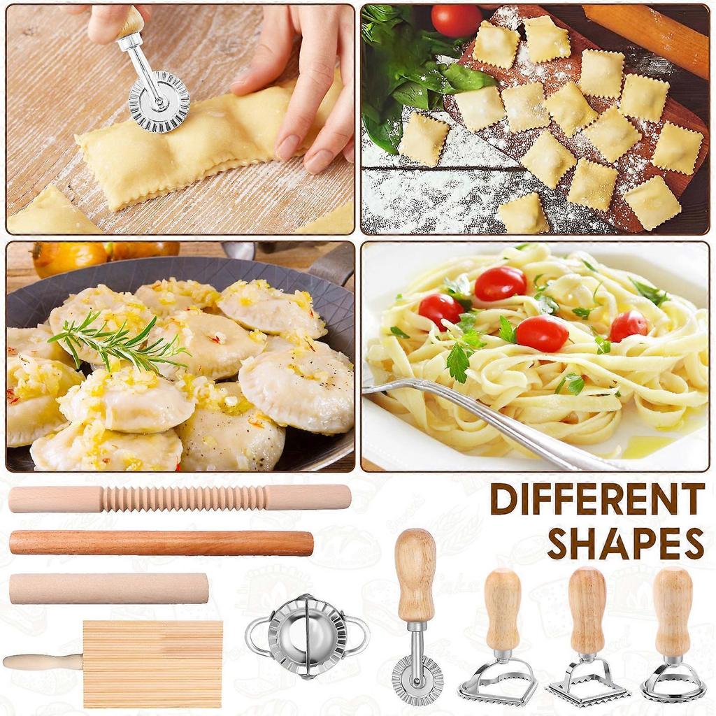 9-Pc Pasta Making Kit: Ravioli Stamp, Rolling Pin, Gnocchi Board, Dough Cutter, Dumpling Maker – Compatible with All Pasta Lovers