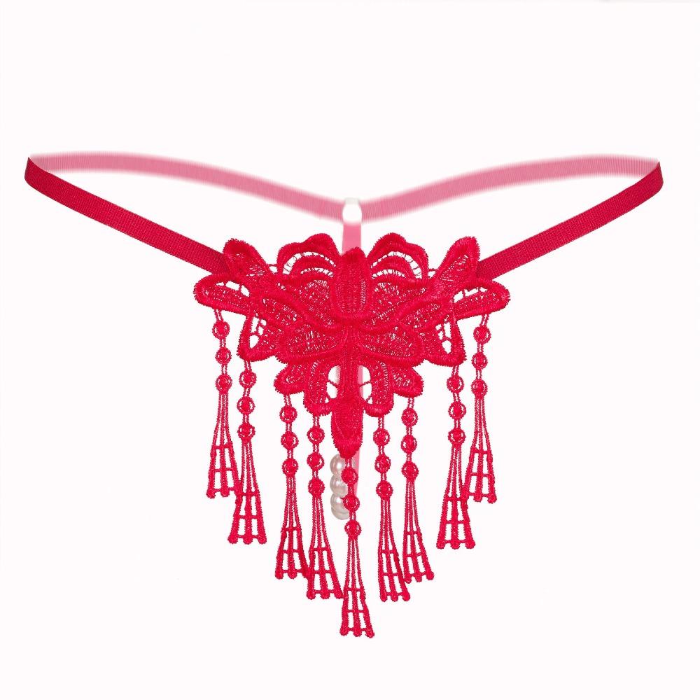 Tassel Lace Flower Panties Pearl Transparent T-Pants Cute Mesh Thongs  Women