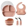AngeSmile Silicone Tableware Set, 6-Piece Set: Includes Meal Plate, Bowl, Spoon & Fork with Suction Cup (Non-Spillable), and Bib (Apricot Color)