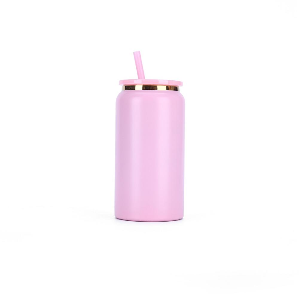 

Stainless Steel 16oz Soda Can Cup Gold Plated Double-layer Tumbler Beer Cup with Plastic Lids Iced Coffee Mug рожевий
