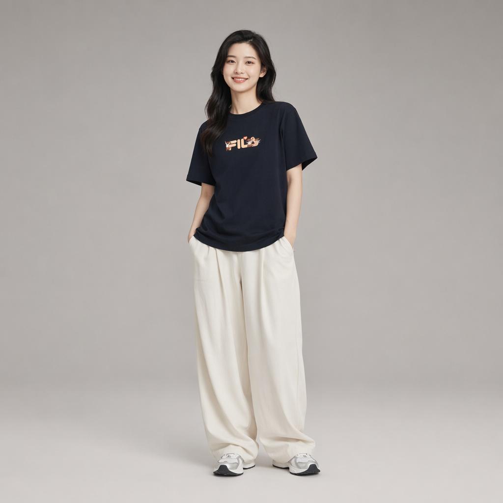 FILA Original Versatile Cute Dog Embroidery T-Shirt Women tops Legendary-Blue F61W629106FNV