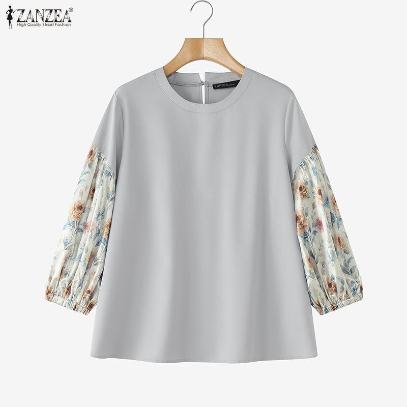 ZANZEA Women Print Splice 3/4 Sleeve Loose Casual O-neck Blouse