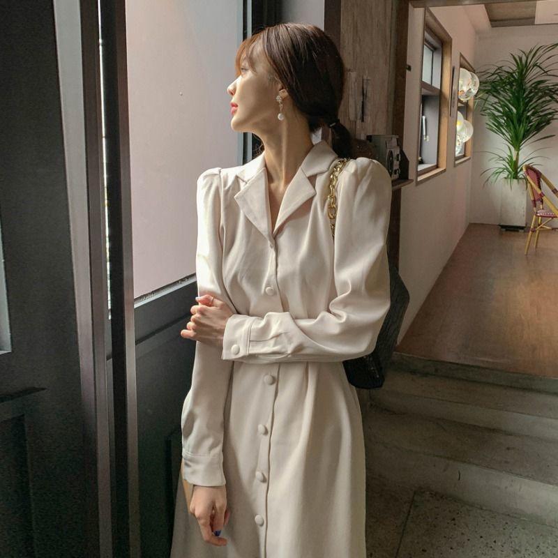 Long Suit Collar Dress Gift Belt Slimming Up The Waist Temperament Long Sleeved Fishtail Long Skirt Commute Spring Autumn