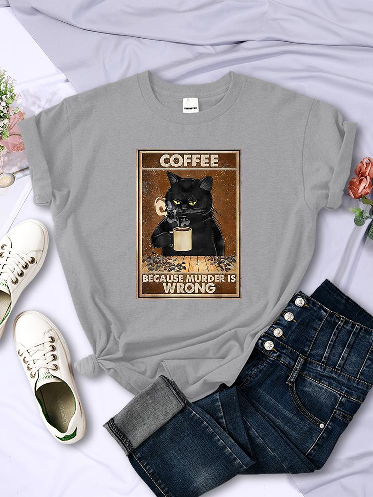 Ponieważ Morderstwo Jest Złe Czarny Kot Pije Kawę Damski T-shirt Odzież Okrągły Dekolt Vintage Krótki Rękaw Osobowość Casual Damskie Koszulki