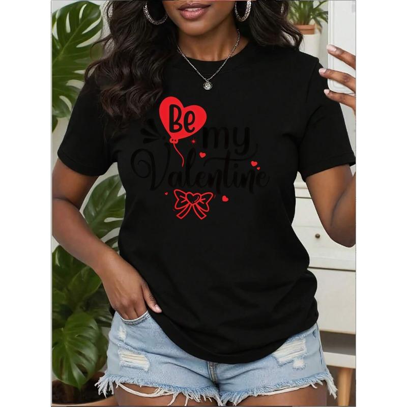 

European Size Women s Valentine s Day Be My Valentine Heart Bow Print Short Sleeve Blouse - Soft Breathable Casual Round Neck Top, Spring Summer Fall 4XL чорний