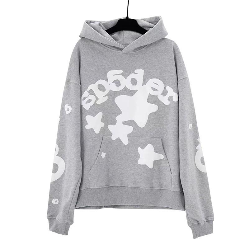 Felpa Sp5der Oversize Spessa in Pile con Stampa a Foglia Ragnatela Design Uomo Inverno Casual