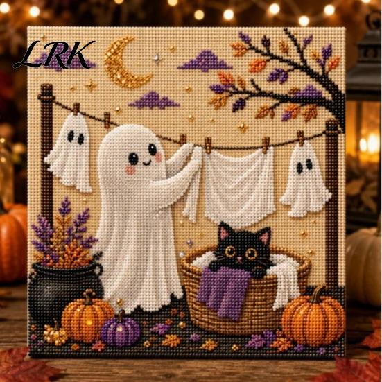 Handmade Autumn Wall Decor Halloween Faux Pearl Art Kit, Cute Ghost Skeleton Painting Room DIY 3D Craft Kit for Adults, Fall Home Diy