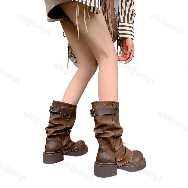 2024 New Retro Fashion Versatile Brown Mid-calf Western Cowboy Boots Round Toe Square High Heel Punk Style Women's Trouser Boots