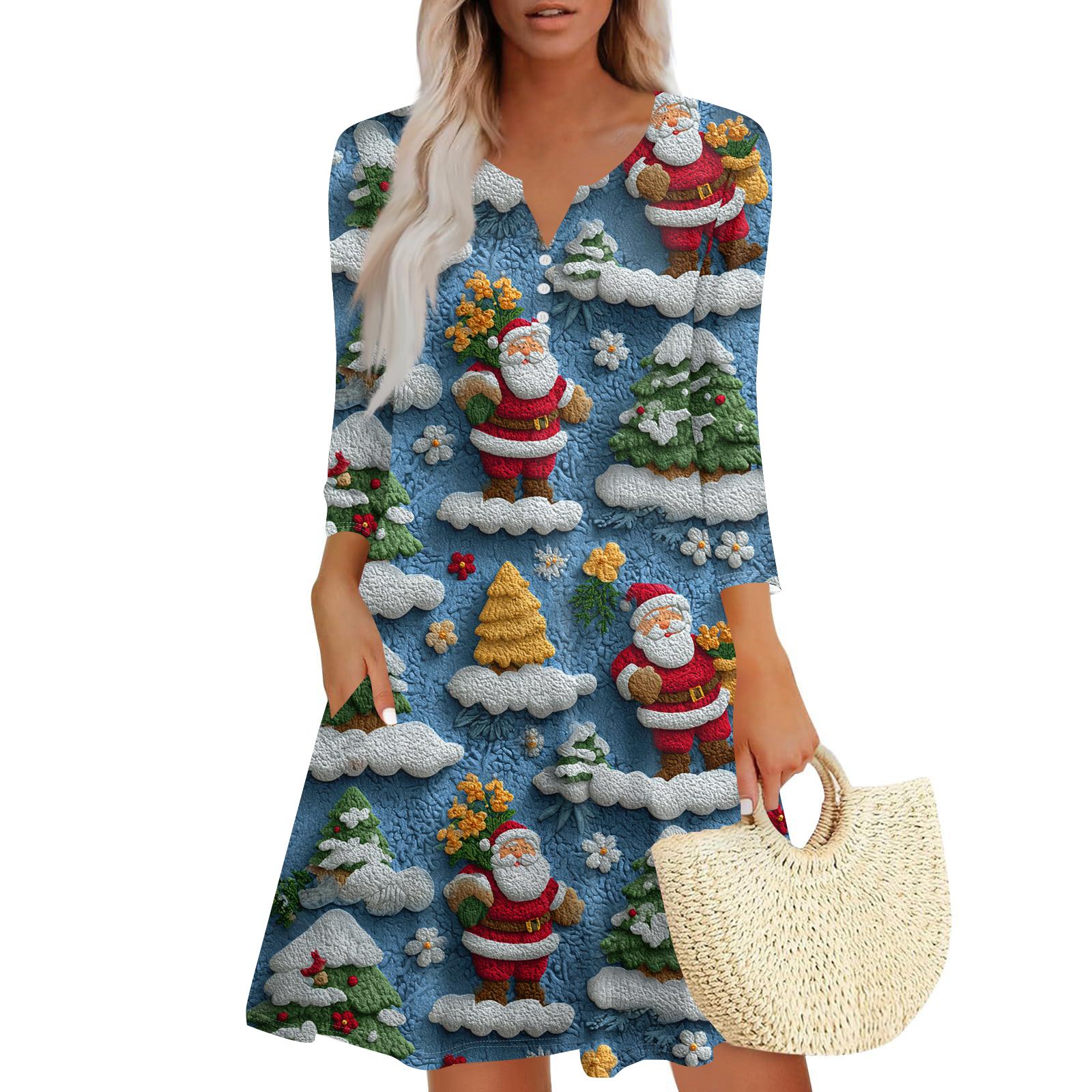 

Женское модное платье с V-образным вырезом, пуговицами, рукавами длиной семь восьмых, карманом и рождественским принтом XL