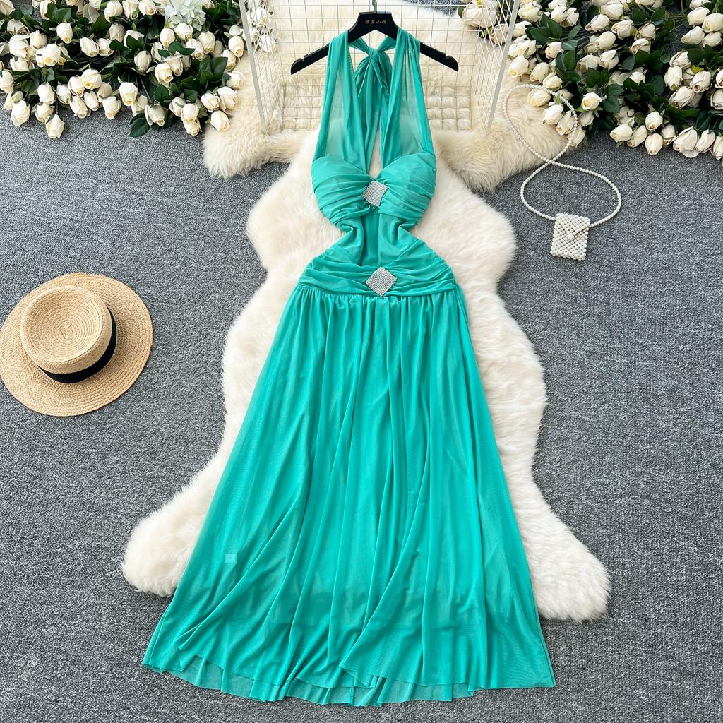 Summer Women Sexy Deep V-neck Halter Open Back Long Maxi Chiffon Holiday Beach Dresses