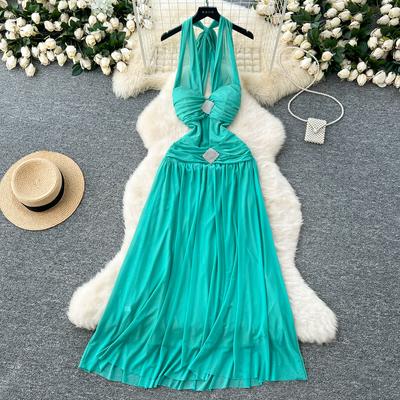 Sommer Frauen Sexy Tiefem V-ausschnitt Neckholder Open Back Lange Maxi Chiffon Urlaub Strand Kleider