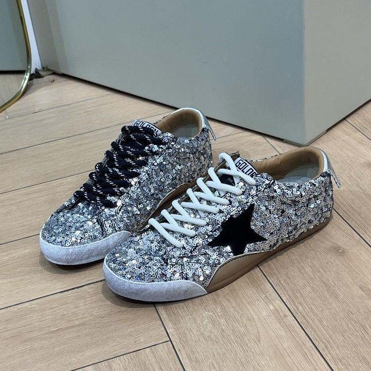 Spring Summer Casual Low-top Shiny Shoelaces Shoes Women's Round Toe Patchwork Diamond Heel Flat Bottom Sports Shoes