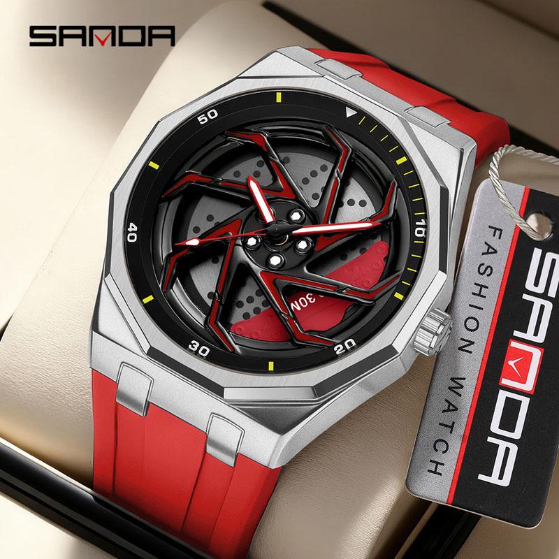 SANDA Men's Waterproof Luminous Polygonal Quartz Watch with 3D Rotating Dial and Silicone Band