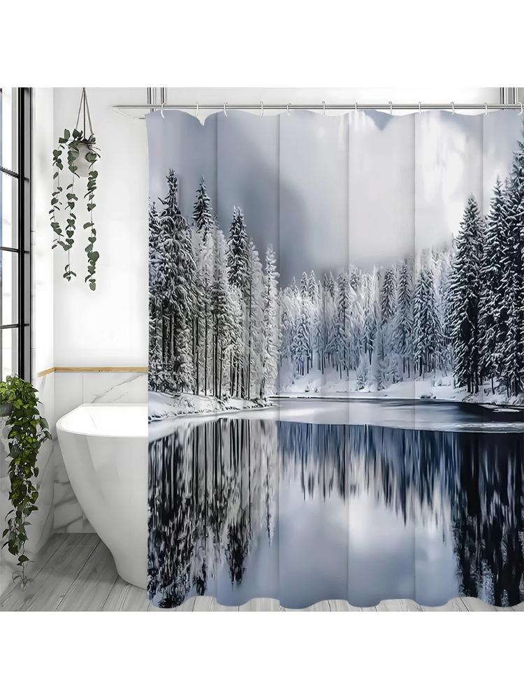 Winter Beautiful Snow White Forest Clear Lake Shower Curtain, Bathroom Decorative Shower Curtain, Waterproof Shower Curtain with W90xH180cm