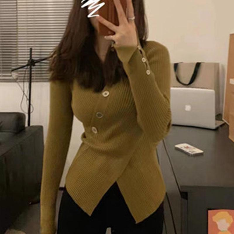 Printemps et automne pull femme bas pull décontracté Unique intérieur croix col en v fosse rayure bas tricot pull