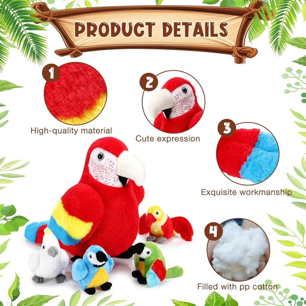 Meooeck 5 Pcs Macaw Parrot Plush Set 13 Inch Mommy Parrot Stuffed Animal with 4 Cute Plush Baby In Her Belly Soft Cuddly Bird for Toddlers Valentines