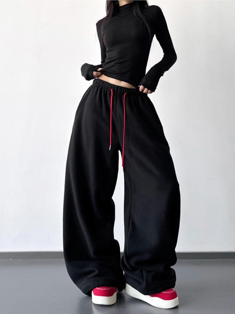 High-Waisted Korean Style Wide-Leg Sweatpants for Women - 2025 Winter Collection, Loose Fit, Slimming, Perfect for Commuting