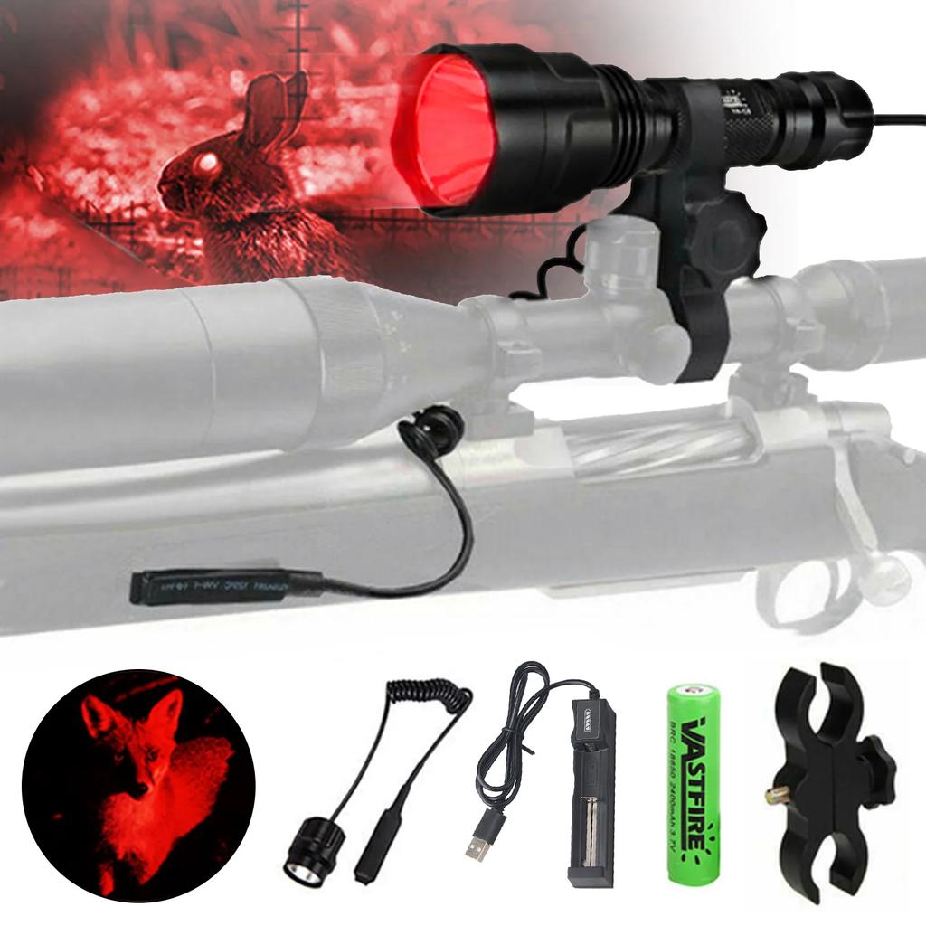 Powerful Red C8 Flashlight Tactical Green/Red/White Torch 1-Mode Predator Handheld Torch+Clip+Tail Switch+18650+Charger Set