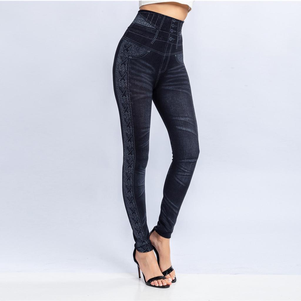 Women's Stretchy Skinny Print Jeggings Lmitation Jeans Seamless Ninth Pants